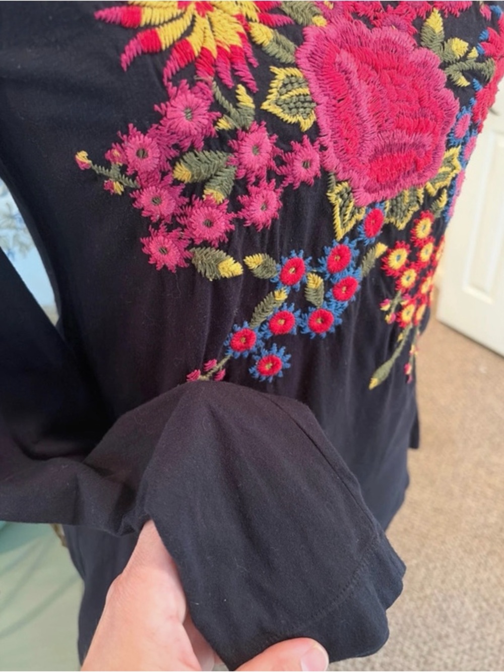 Johnny Was Black Long-Sleeve Floral Embroidered Scoop Neck Top - Picture 6 of 6